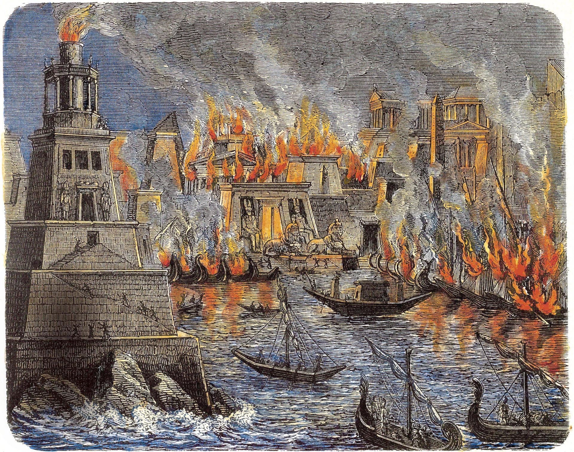 Grabado de 1876 que recrea el incendio que quizá destruyó parte de la Biblioteca