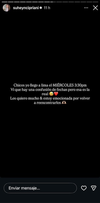 Captura de pantalla de una historia de Instagram con fondo negro, mostrando el perfil de Suheyn Cipriani y un texto blanco sobre su llegada a Lima