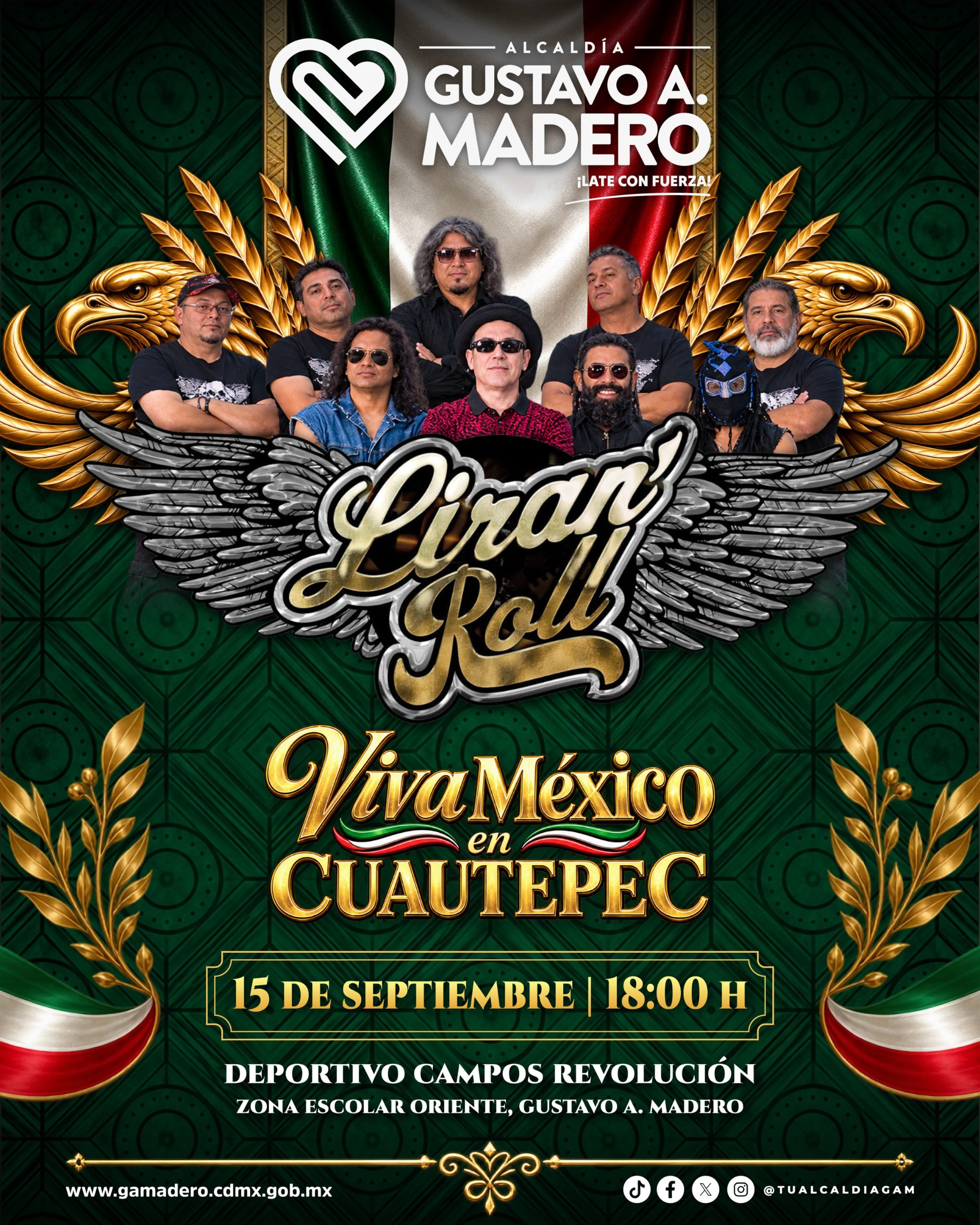 Un cartel promocional de la Alcaldía Gustavo A. Madero anuncia la presentación del grupo Liran' Roll para el 15 de septiembre en Cuautepec. (Alcaldía Gustavo A. Madero)