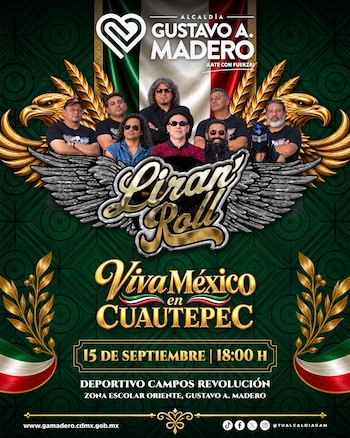 Cartel promocional con los integrantes del grupo Liran' Roll, elementos en color verde y dorado, y detalles del concierto del 15 de septiembre