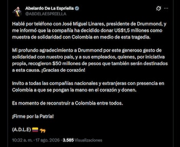 Drummond donará 1,5 millones de dólares como aporte solidario ante la emergencia causada por el sismo en Colombia - crédito X