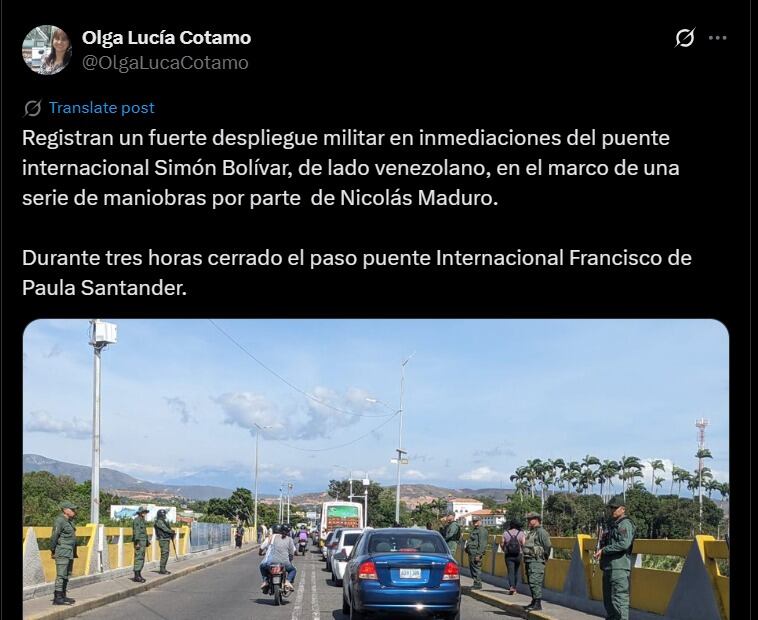 Reportes de cierre fronterizo entre Venezuela y Colombia - crédito @OlgaLucaCotamo / X