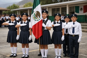 Seis niños vestidos con uniforme escolar y gorra posan de frente; una niña al centro sostiene la bandera de México, todos saludan con la mano en el pecho.