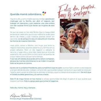 La senadora Paloma Valencia envió un mensaje a las madres colombianas resaltando su esfuerzo diario - crédito @PalomaValenciaL/X