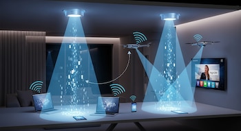 Dos luces de techo emiten haces de luz azul a laptops, tablet, smartphone y drones en una habitación moderna con una TV en la pared, mostrando conectividad inalámbrica.