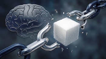 Cubo de azúcar blanco central, cadenas metálicas rotas y dispersas, silueta de cerebro translúcida en relieve, fondo oscuro difuso.