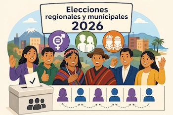 Ilustración de seis personas ante una urna, un cartel sobre las elecciones 2026, tres iconos circulares y un esquema de alternancia de siluetas.