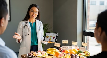 Nutricionista en bata blanca con estetoscopio explica a una persona de espaldas, mostrando una tablet y una mesa llena de frutas variadas con letreros de "protein".