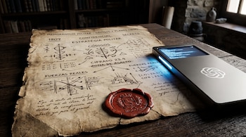 Documento antiguo con diagramas y códigos militares, un sello de cera roja y un dispositivo electrónico con el logotipo de OpenAI.