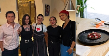 Tom Holland y Zendaya junto al equipo del restaurante Tresdé, en Madrid (Instagram / @tresde_restaurante)