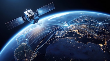 Satélite con paneles solares y antena parabólica orbita la Tierra. Se ven continentes, luces de ciudades y líneas luminosas interconectando áreas.