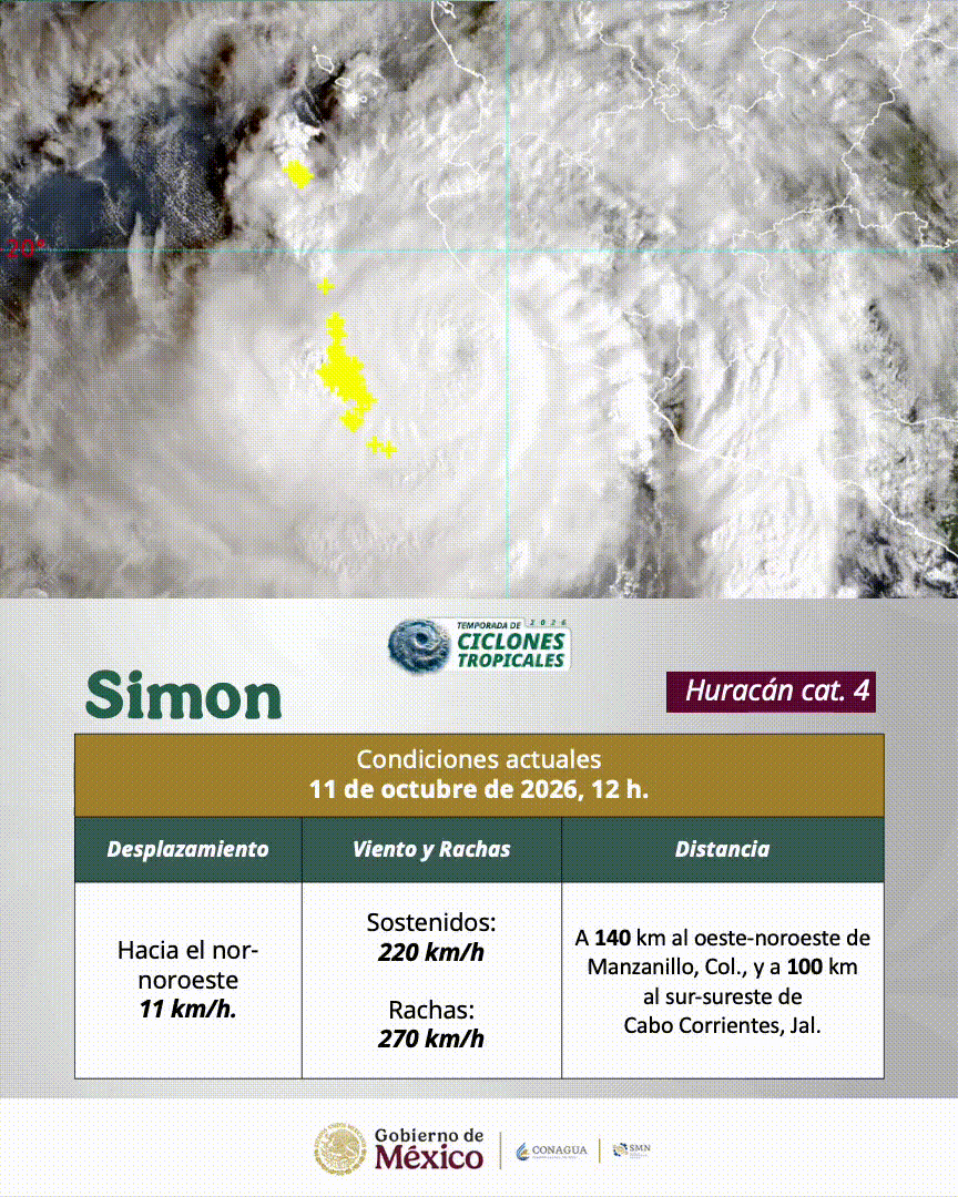 Imagen satelital sobre una tabla con datos meteorológicos del huracán Simon emitidos por el Gobierno de México