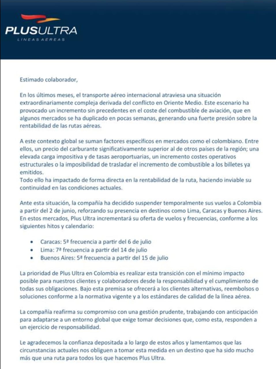 Plus Ultra suspende vuelos a Colombia desde junio de 2026 — image 6