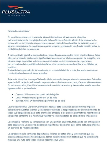 El conflicto en Medio Oriente y el aumento del combustible de aviación impactaron directamente en la rentabilidad de las rutas aéreas de Plus Ultra - crédito Plus Ultra