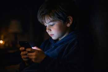 Niño con cabello oscuro y sudadera azul sentado en la oscuridad, mira la pantalla iluminada de un teléfono móvil negro que sostiene.