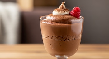 Primer plano de un vaso de mousse de chocolate con una capa de burbujas, coronado con nata montada, cacao en polvo y una frambuesa, sobre madera.