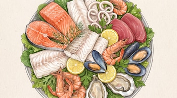 Vista superior de un plato con salmón, atún, merluza, camarones, mejillones, ostras, anillas de calamar, rodajas de limón y hojas verdes.
