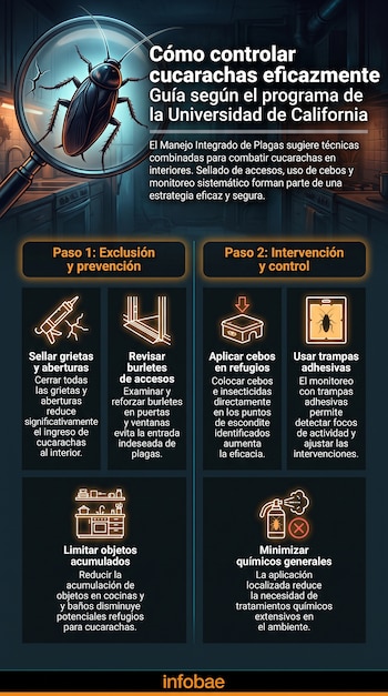 Ilustración de una cucaracha grande bajo una lupa. Una infografía detalla métodos de control de plagas con íconos y texto sobre exclusión e intervención.