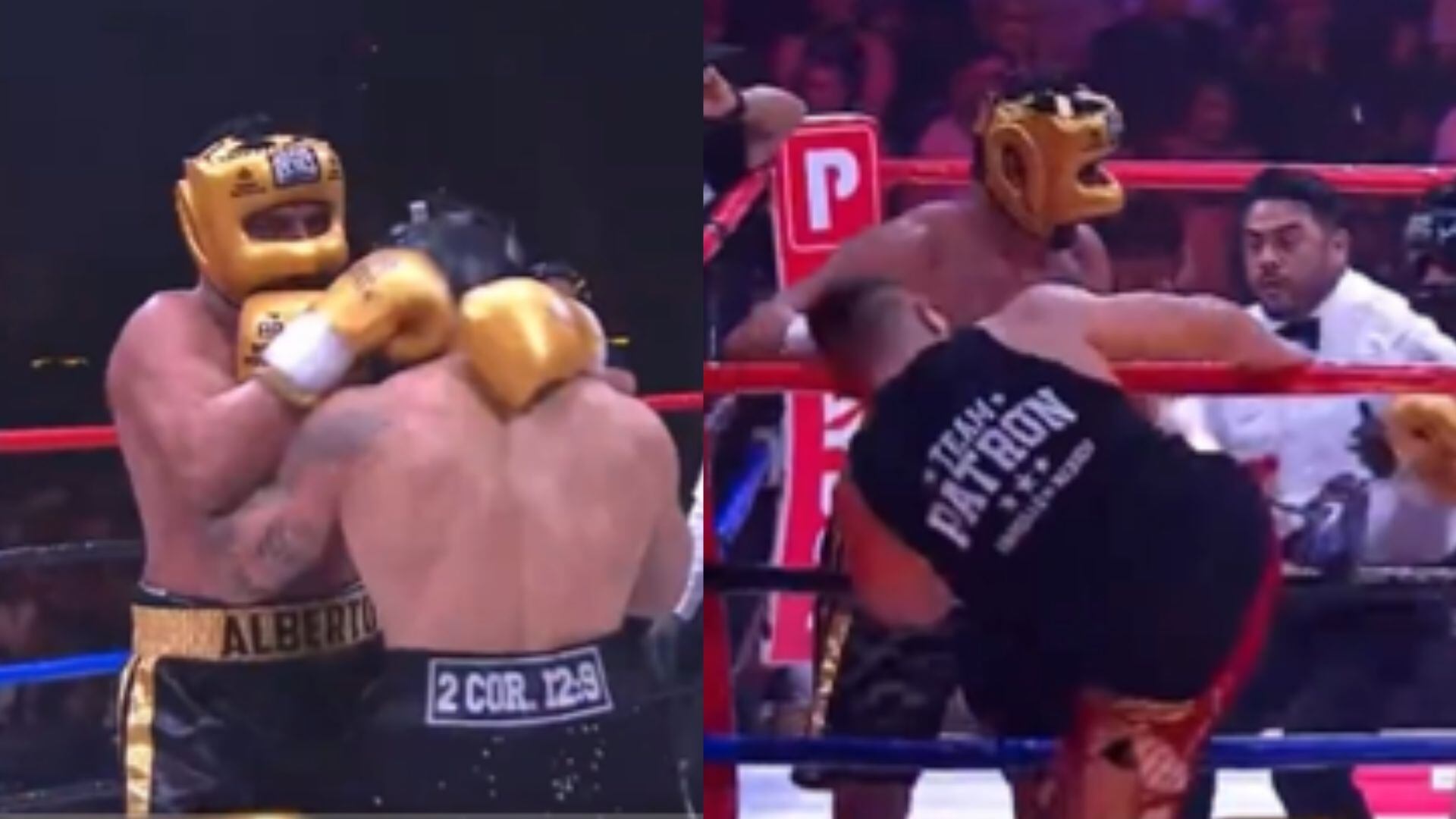 El enfrentamiento entre el exluchador de WWE y el influencer terminó abruptamente tras la intervención del equipo de Alberto Del Río. (Captura de pantalla Ring Royale YouTube)