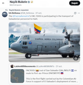 Nayib Bukele y su compartida de la información que afirma que un avión de la Fuerza Aérea Colombiana apoyó misión de El Salvador en Haití - crédito @nayibbukele/X