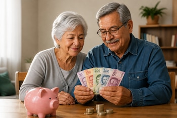 Un hombre y una mujer mayores sentados a una mesa con billetes en la mano, una alcancía de cerdito y pilas de monedas.