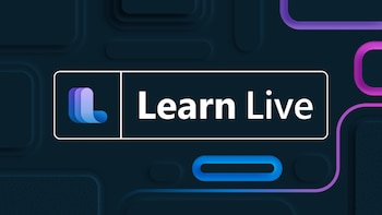 Fondo oscuro con formas rectangulares en relieve. Logotipo en recuadro blanco que incluye una "L" estilizada azul y púrpura y el texto "Learn Live"