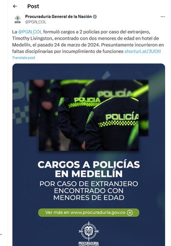 La Procuraduría General de la Nación informó que formuló cargos en contra de dos policías - crédito @PGN_COL