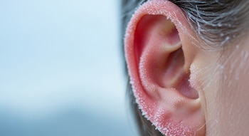 Una oreja humana cubierta de cristales de escarcha en su lóbulo y borde, con vello auricular helado y la piel levemente enrojecida por el frío