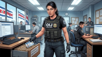 Ilustración de una agente de policía con el rostro difuminado guardando una tarjeta de identificación en un archivador.
