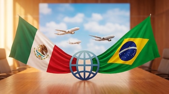Una mesa de madera con las banderas de México y Brasil en los extremos. En el centro, un icono de globo terráqueo. Al fondo, tres aviones volando en un cielo azul.