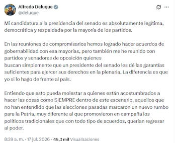 Alfredo Deluque defendió su candidatura a la presidencia del Senado - crédito @deluque/X