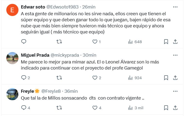 Los comentarios en las redes sociales tras la posible llegada de David González a Millonarios - crédito @Edwsoto1983/X