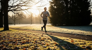 Hombre de mediana edad corriendo en un camino de tierra en un parque durante el amanecer invernal, con césped helado y árboles sin hojas.