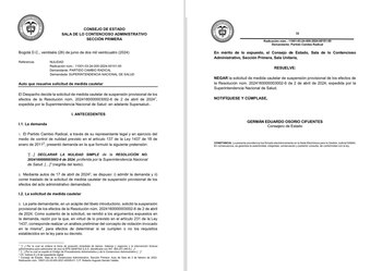 El Consejo de Estado negó medida cautelar que buscaba su suspensión de la intervención a la EPS Sanitas - crédito Consejo de Estado
