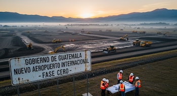 Cinco obreros con casco y chaleco naranja examinan planos en una mesa de obra, frente a un cartel, maquinaria pesada y montañas al amanecer.