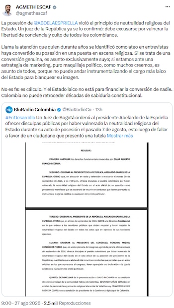Agmeth Escaf critica giro religioso en la posesión de De la Espriella y exige respeto al Estado laico - crédito agmethescaf/X