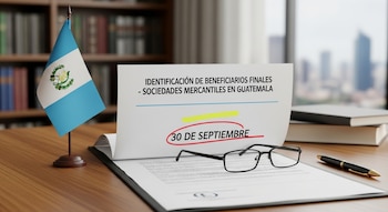 Bandera de Guatemala, documento con la fecha 30 de septiembre, gafas de lectura y bolígrafo sobre un escritorio de madera.