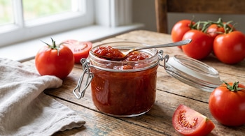 Un frasco con mermelada de tomate y una cuchara sobre una mesa de madera junto a varios tomates enteros y cortados.