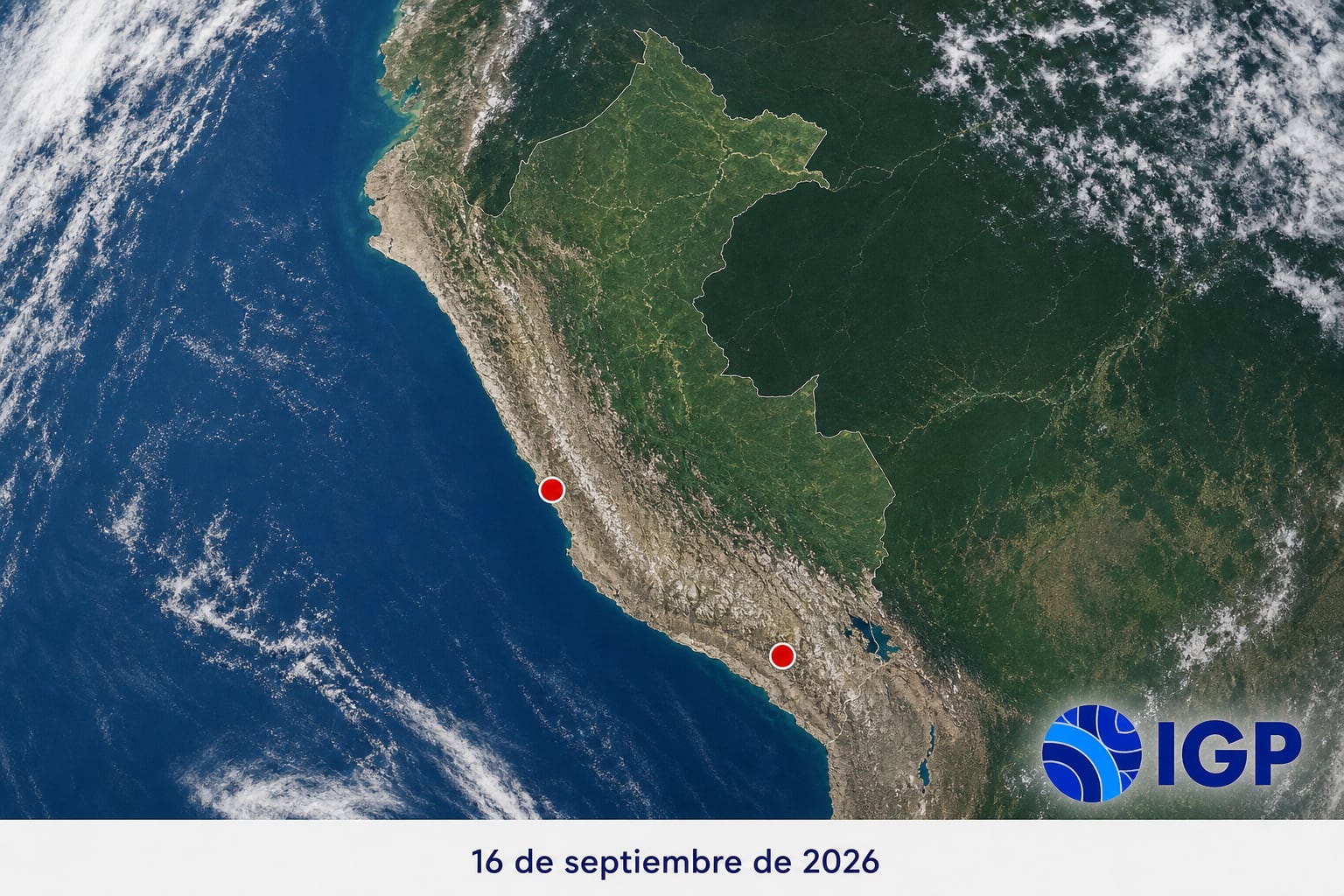 Un mapa satelital del Instituto Geofísico del Perú señala las regiones de Lima y Arequipa el 16 de septiembre de 2026. (Imagen Ilustrativa Infobae)
