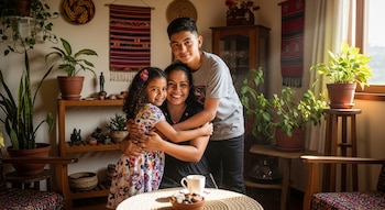 Una mujer sonriente en el centro abraza a una niña a su izquierda y a un joven a su derecha, ambos también sonríen, en una sala con plantas y adornos.
