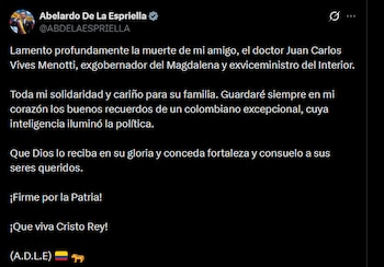 El presidente de la República Abelardo de la Espriella se expresó sus condolencias por la muerte de Juan Carlos Vives Menotti - crédito @ABDELAESPRIELLA/X