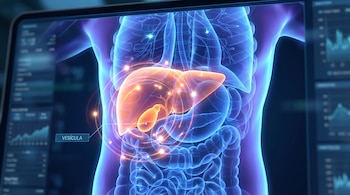 Una pantalla muestra una representación digital del torso humano; la vesícula biliar aparece resaltada en naranja brillante entre órganos translúcidos azules.