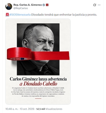 El legislador Carlos Giménez afirmó en redes sociales que los responsables del régimen tendrán que responder por el saqueo a Venezuela - crédito @RepCarlos/X