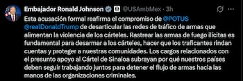 Ronald Johnson destaca la acusación en Texas contra cuatro mexicanos por armar al Cártel de Sinaloa. X