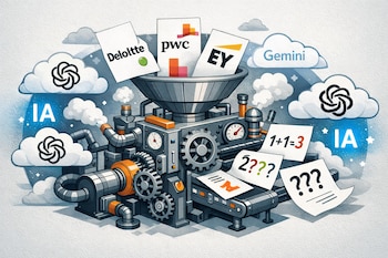 Máquina industrial con tubos y engranajes que procesa papeles con logos de Deloitte, PwC y EY, generando hojas con datos erróneos. Nubes con logos de ChatGPT y Gemini y la palabra IA.