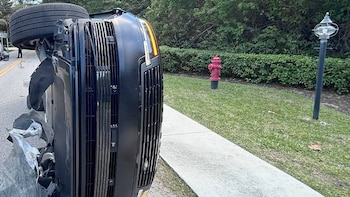 Vista de un SUV oscuro volcado en el costado de una carretera, con un neumático hacia arriba, un hidrante rojo y arbustos verdes en el fondo