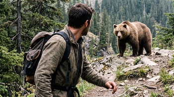 Un hombre de espaldas con mochila mirando hacia atrás a un oso pardo sobre una roca. Detrás, árboles verdes de un bosque.