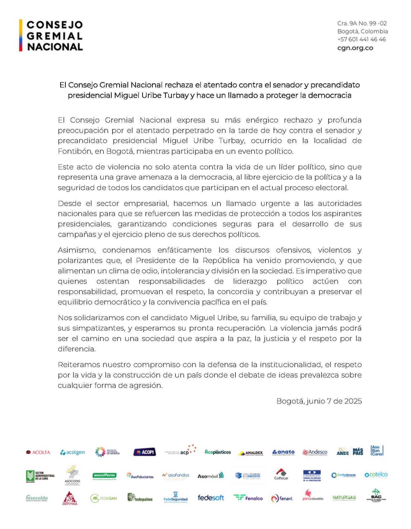 El Consejo Gremial Nacional denuncia que el ambiente hostil afecta la paz social y la seguridad democrática - crédito Consejo Gremial