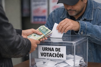 Dos personas, una con fajos de billetes de pesos colombianos, la otra depositando un papel en una urna de votación con la etiqueta "URNA DE VOTACIÓN".