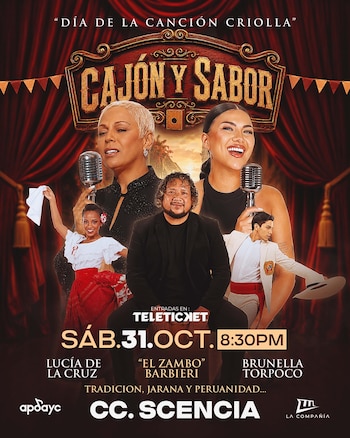 Cartel con retratos de Lucía de la Cruz, Brunella Torpoco, El Zambo Barbieri, dos danzantes, cortinas rojas y datos del concierto